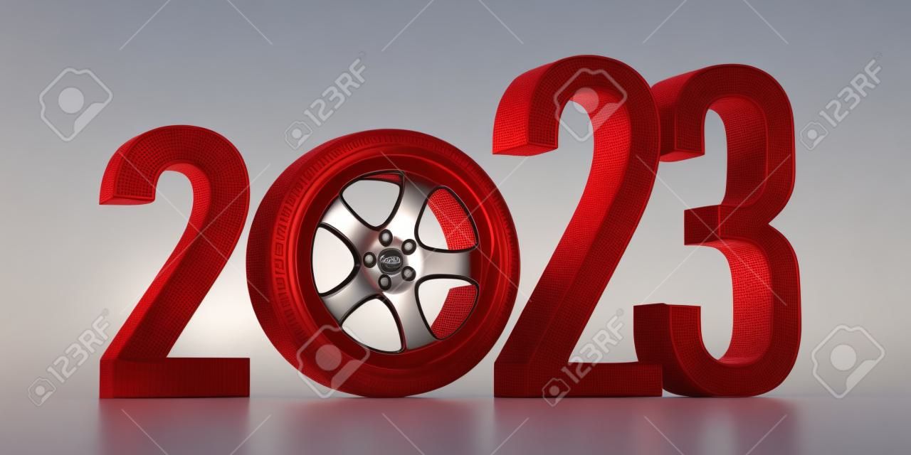 2022 New Year safe drive concept. Tire on alloy wheel between red digits isolated on white background. 3d render