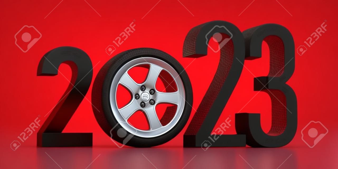 Concetto di guida sicura per il nuovo anno 2022. pneumatico su ruota in lega tra cifre rosse isolate su sfondo bianco. rendering 3D