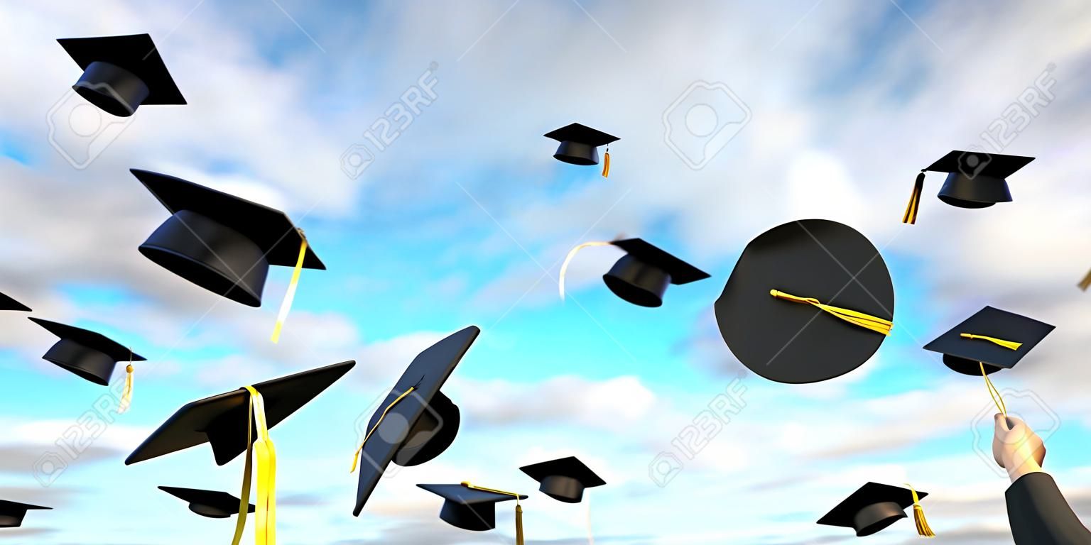 Graduación. mortarboards volando en el cielo azul nublado. estudiantes graduados de la universidad y la escuela secundaria lanzando gorras. renderizado 3d