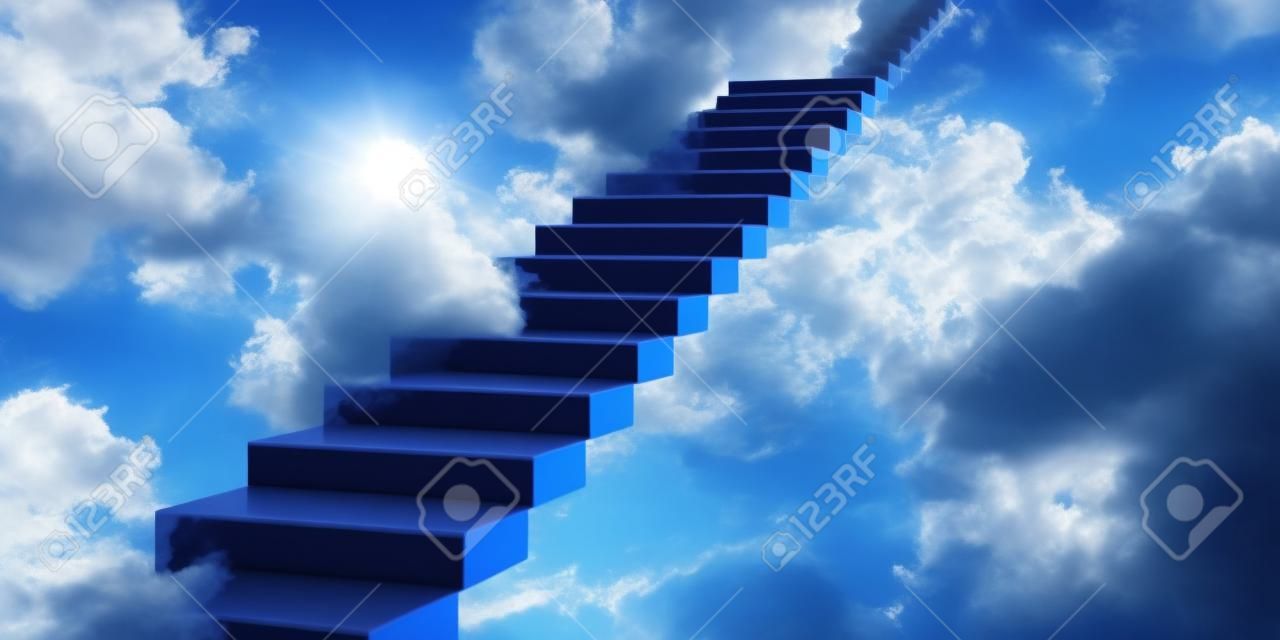 Escalera que sube hacia arriba sobre fondo azul cielo nublado. escaleras y nubes sólidas negras, espacio de copia. concepto de progreso empresarial. renderizado 3d
