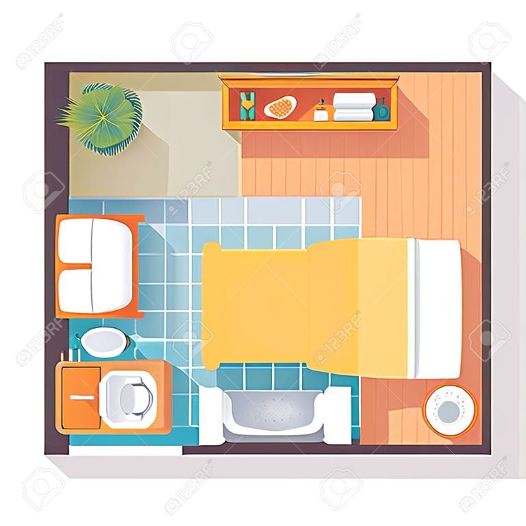 Camera da letto e pavimento del bagno pianta dall'alto. Mobili impostato per il design d'interni. Illustrazione vettoriale isolato