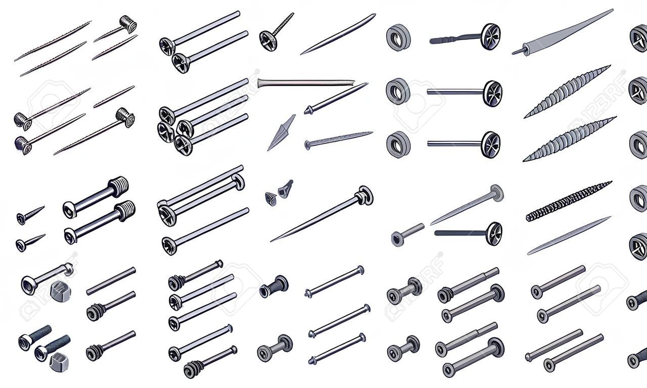 screws, nuts and nails in isometric view