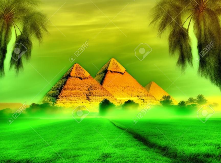 霧の朝の緑の野原にエジプトのピラミッド