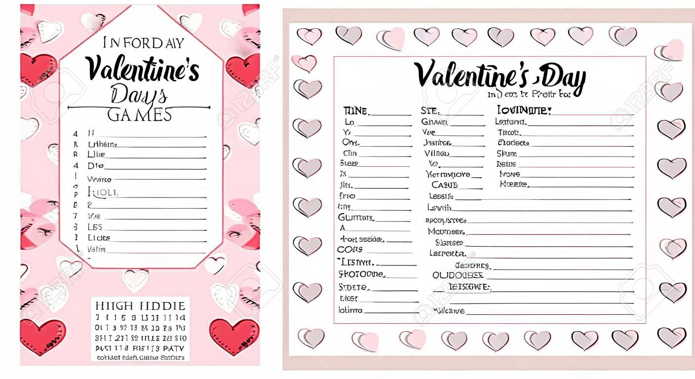 Set of Valentine's Day games. Word search puzzle, word scramble. Fun printable party activities. Answer key included. Educational game for learning English. party card. Find hidden