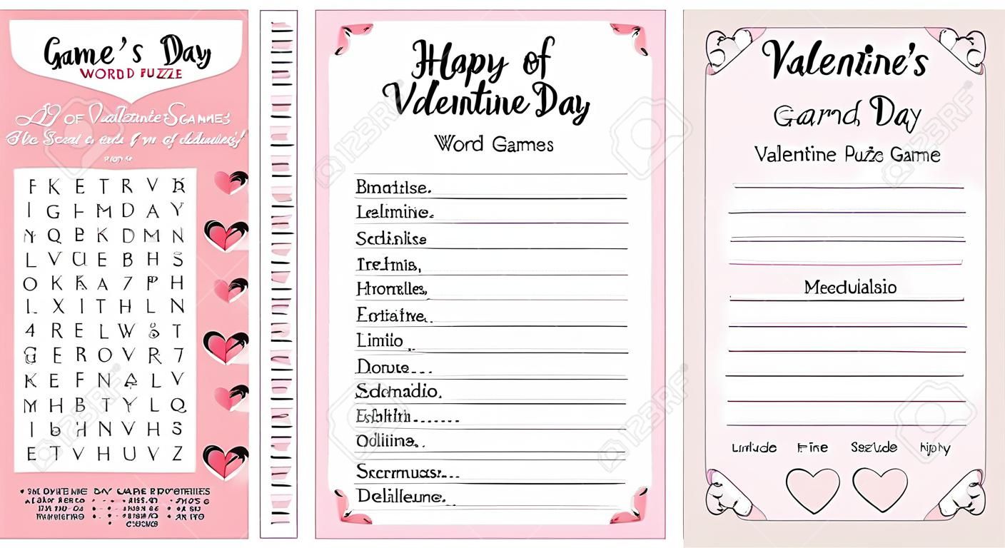 Set of Valentine's Day games. Word search puzzle, word scramble. Fun printable party activities. Answer key included. Educational game for learning English. party card. Find hidden