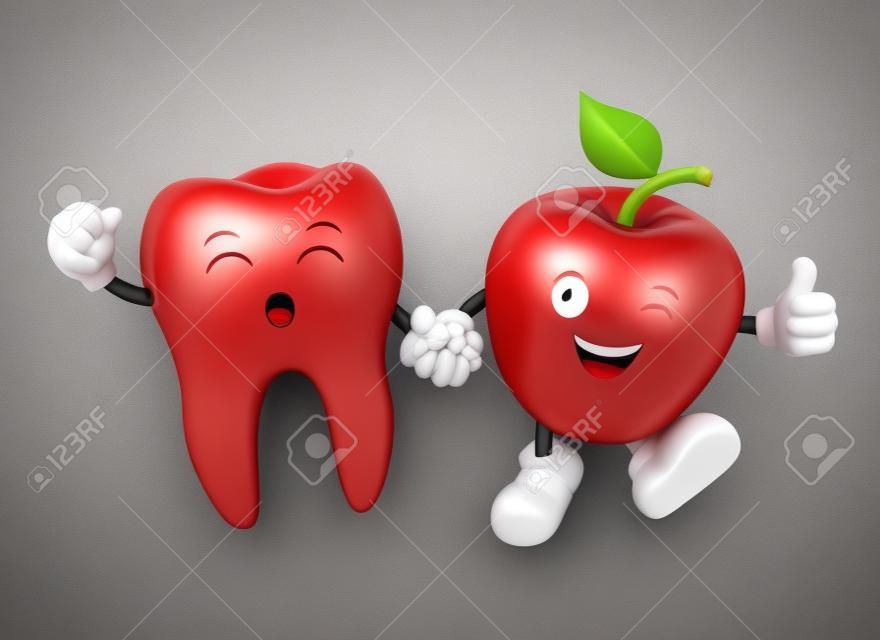可爱的牙齿与红苹果手牵手的朋友永远伟大的牙齿护理概念