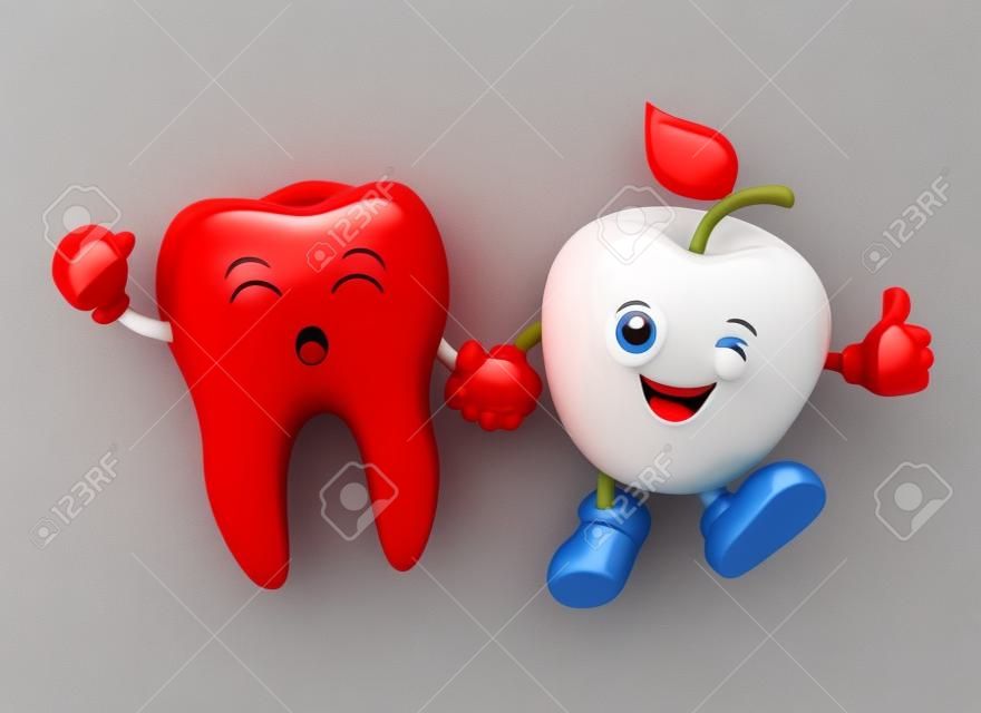 可爱的牙齿与红苹果手牵手的朋友永远伟大的牙齿护理概念