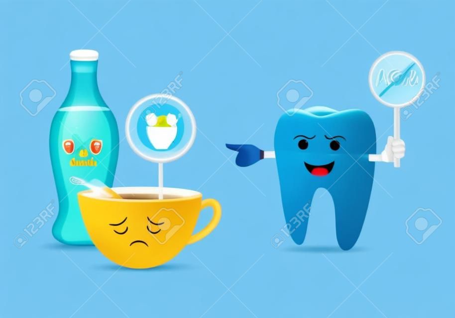 Cute cartoon tooth character holding no acid sign. Acidic food and drink, coffee, aerated soft drink and candy. Dental care concept, illustration isolated on blue background.