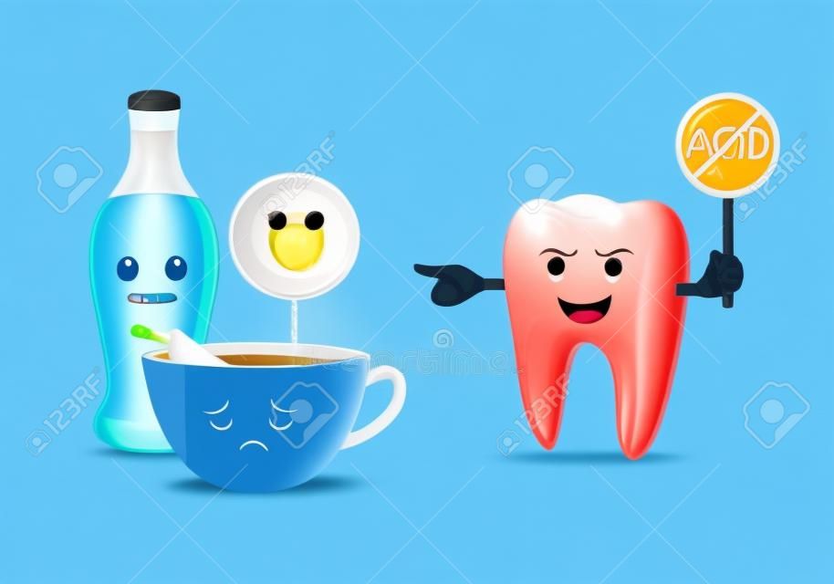 Cute cartoon tooth character holding no acid sign. Acidic food and drink, coffee, aerated soft drink and candy. Dental care concept, illustration isolated on blue background.