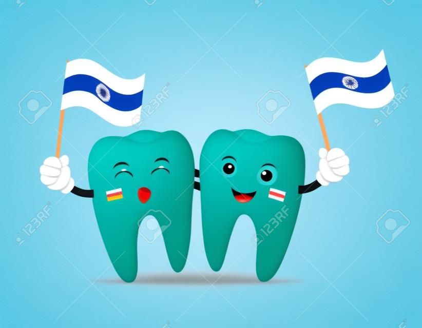 Cute cartoon tooth character waving india flag. Happy Independence Day. Illustration isolated on blue background.