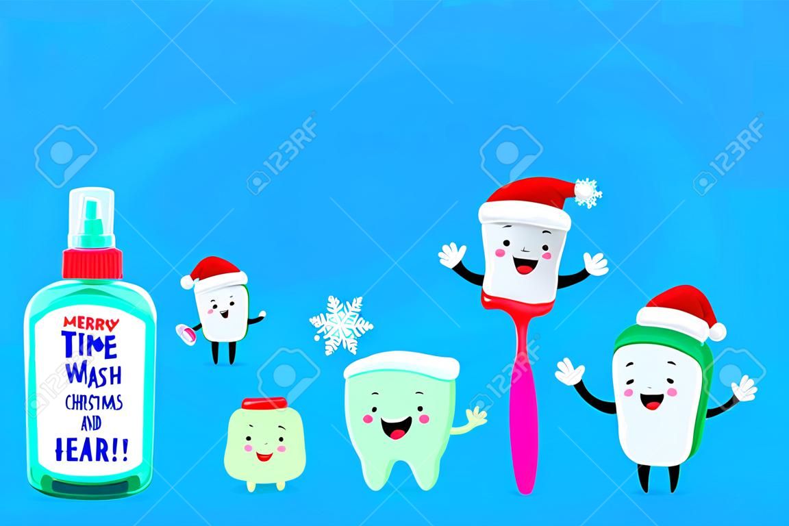 Netter Karikaturzahncharakter mit Freunden. Mundwasser, Zahnseide, Zahnpasta und Zahnbürste. Frohe Weihnachten und ein glückliches Neues Jahr. Illustration lokalisiert auf blauem Hintergrund.