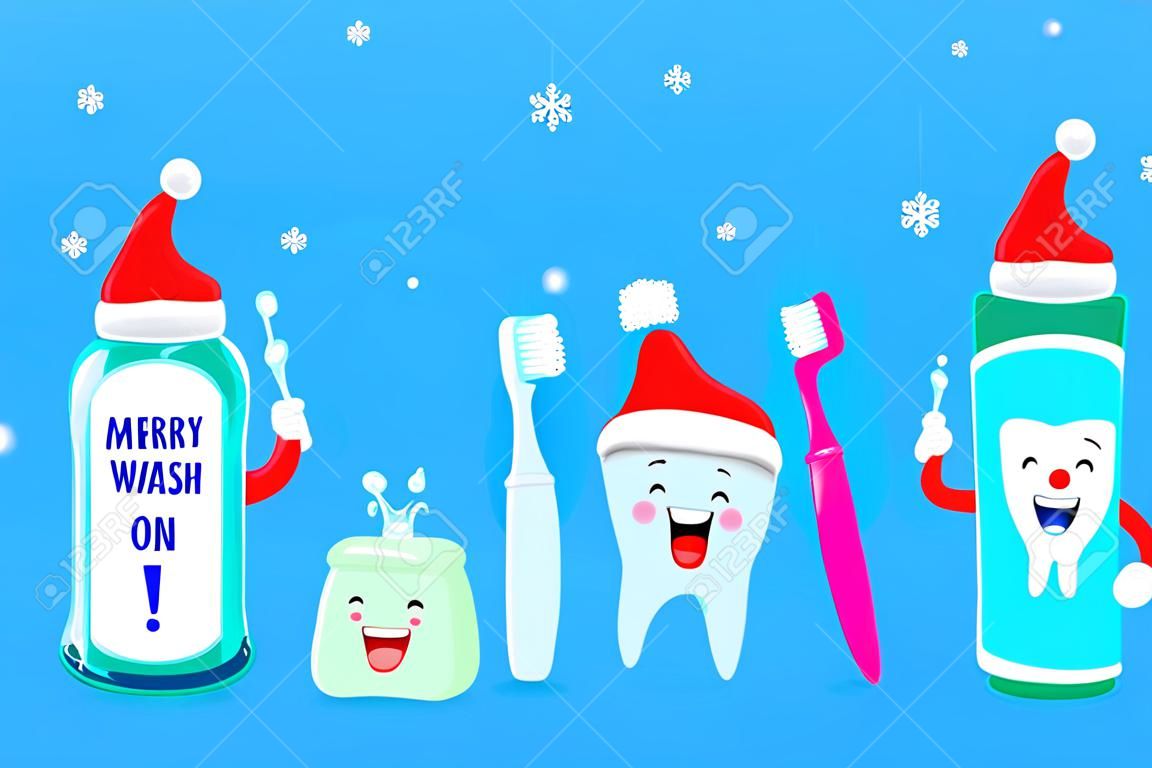 Netter Karikaturzahncharakter mit Freunden. Mundwasser, Zahnseide, Zahnpasta und Zahnbürste. Frohe Weihnachten und ein glückliches Neues Jahr. Illustration lokalisiert auf blauem Hintergrund.