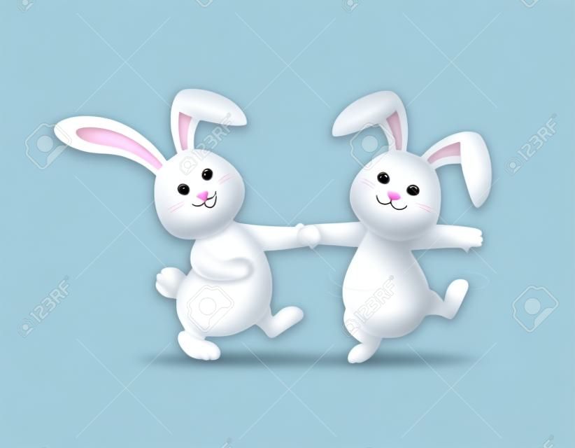 Beyaz tavşan dansı. Sevimli tavşan, Mutlu Paskalya günü, çizgi film karakteri tasarımı. Mavi arka plan üzerinde izole illüstrasyon.