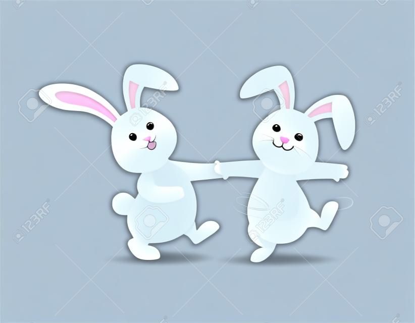 흰 토끼 춤. 귀여운 토끼, 행복한 부활절 날, 만화 캐릭터 디자인. 파란색 배경에 고립 된 그림입니다.