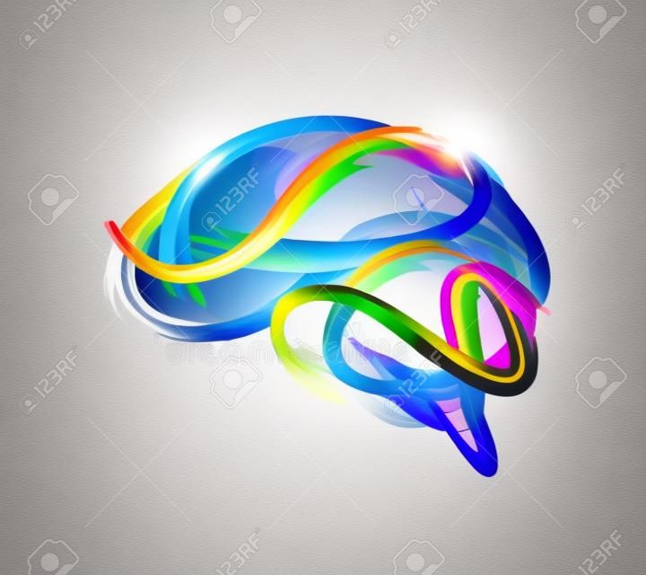 Abstraktes Gehirn gemacht vom Farbenanschlag als kreatives Ideensymbol. Ikonendesign, Illustration lokalisiert auf weißem Hintergrund.