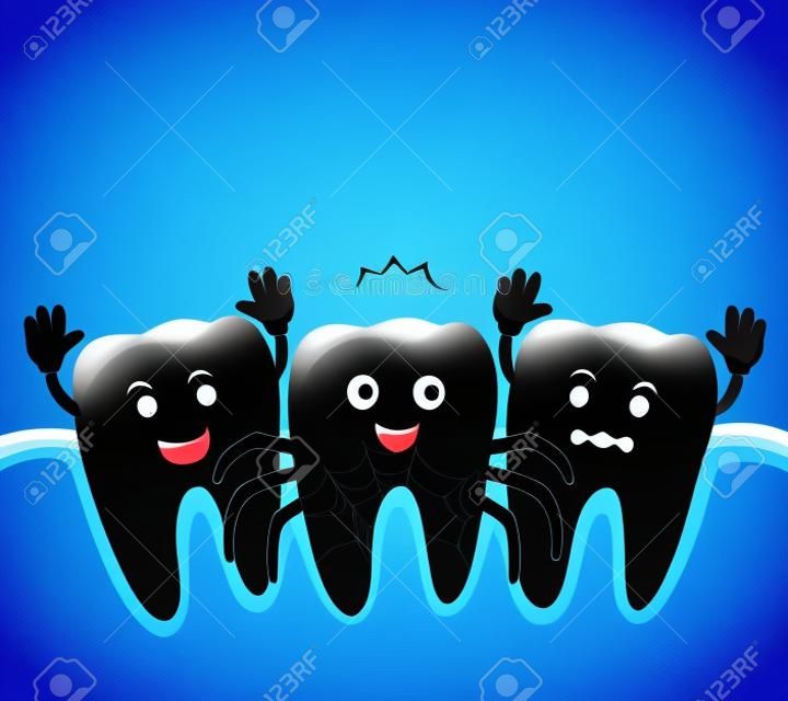 Cute cartoon tooth character. Black spider, happy Halloween concept. Illustration isolated on blue background.