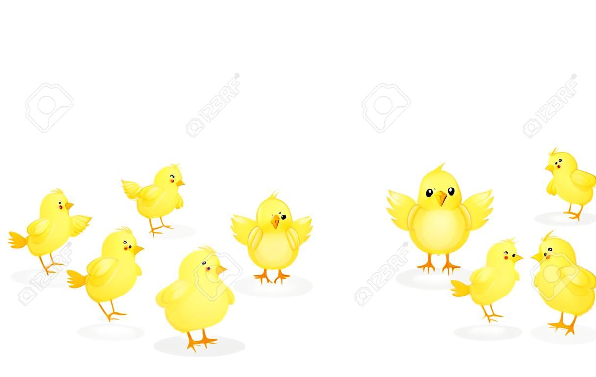 Conjunto de dibujos animados de pollitos. Pollos amarillos divertidos en diferentes poses. Ilustración vectorial aislada sobre fondo blanco.
