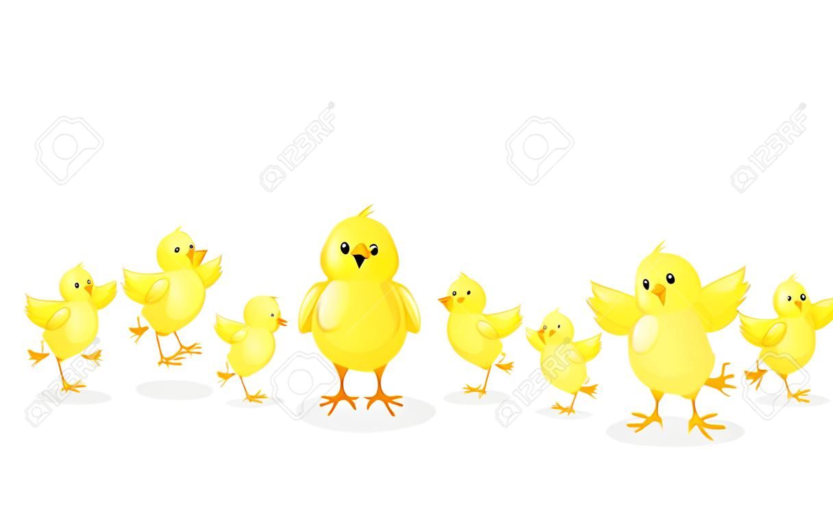 Conjunto de dibujos animados de pollitos. Pollos amarillos divertidos en diferentes poses. Ilustración vectorial aislada sobre fondo blanco.