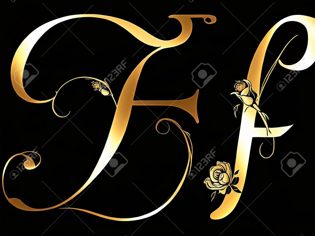 Golden letter F with roses