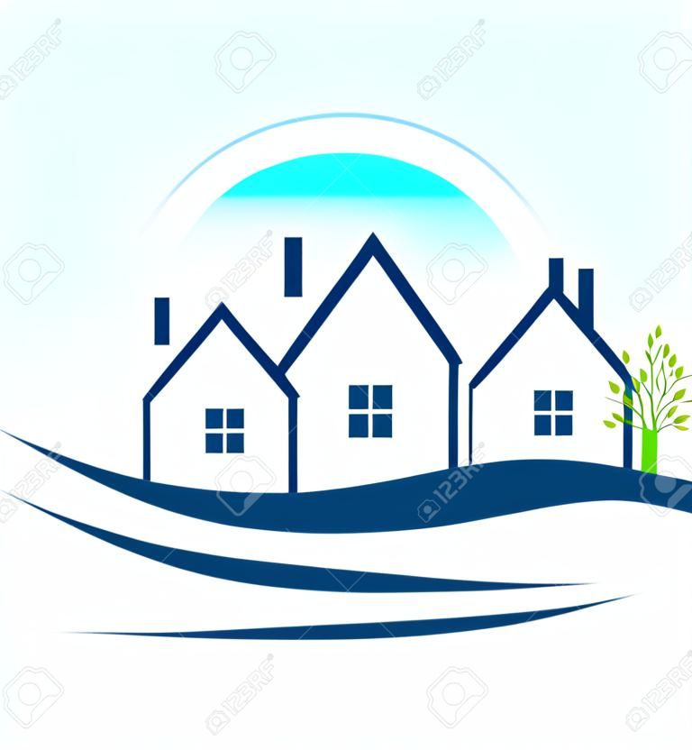Häuser Wohnungen mit Baum und Regenbogen-Logo