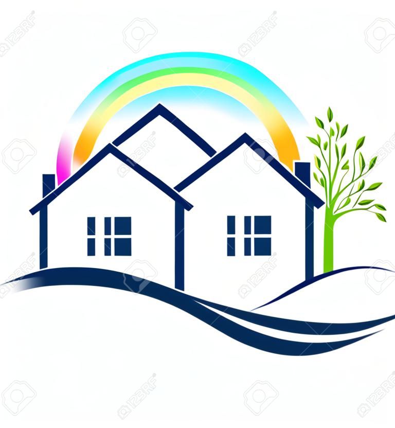 Häuser Wohnungen mit Baum und Regenbogen-Logo