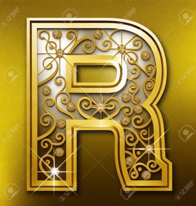R gouden brief met wervelende ornamenten