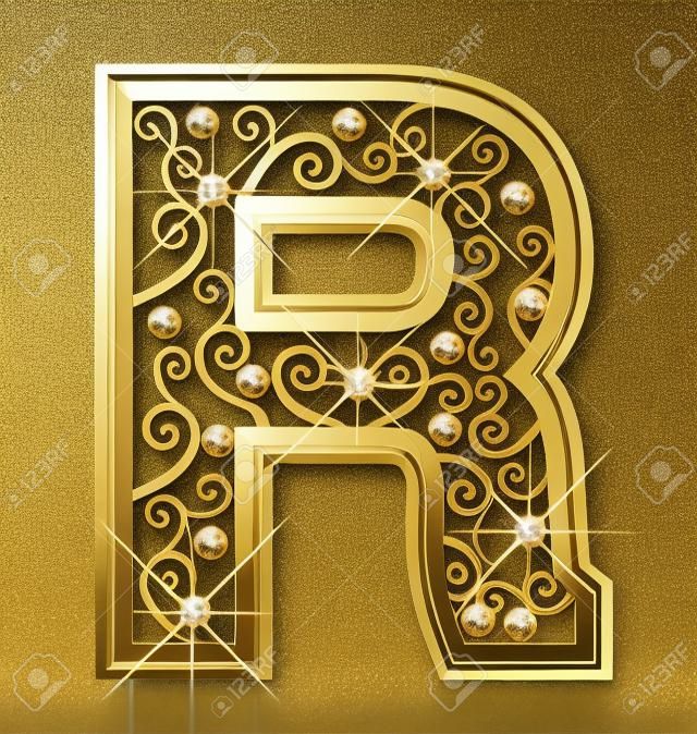 Lettre R d'or avec des ornements swirly