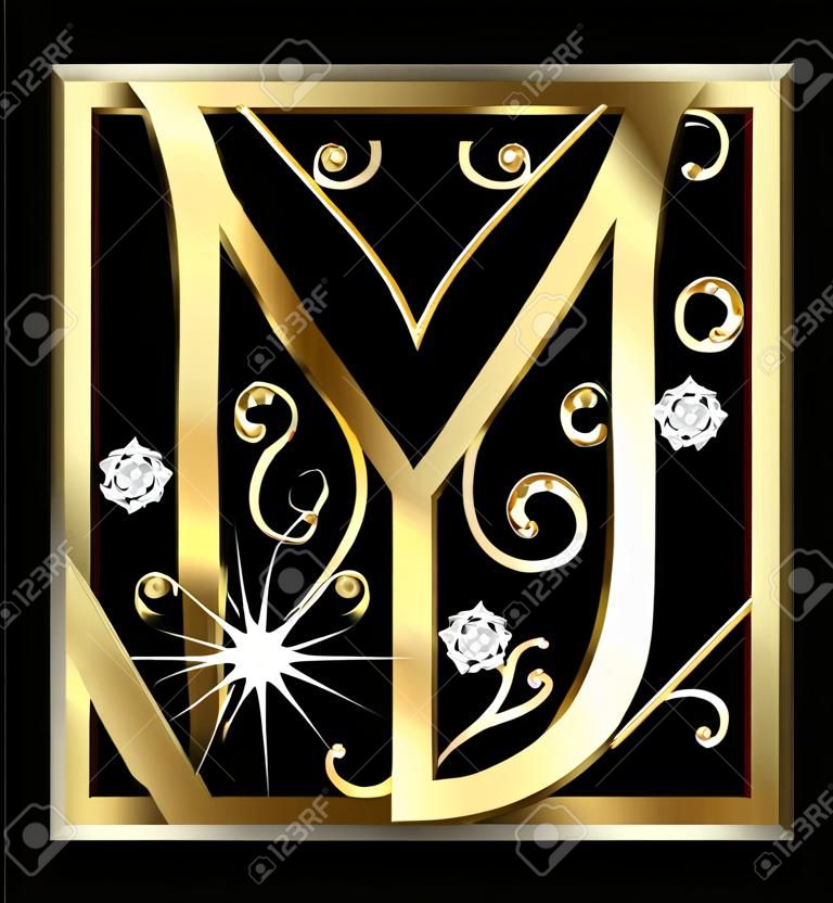 Litera M z swirly złoto ozdoby