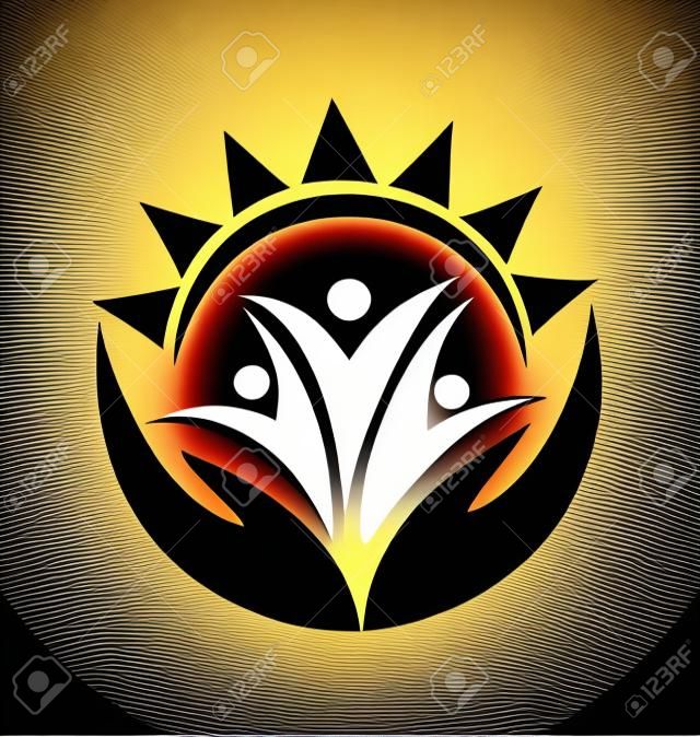 Teamwork hands and sun logo vector