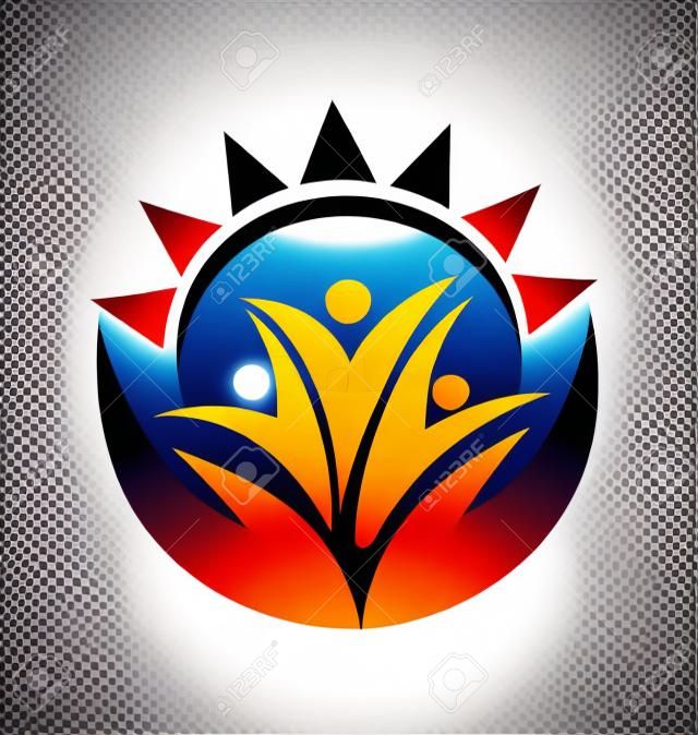 Teamwork hands and sun logo vector