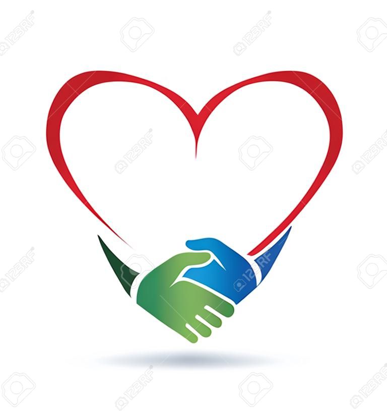Apretón de manos con el icono del vector de concepto de la unión del corazón