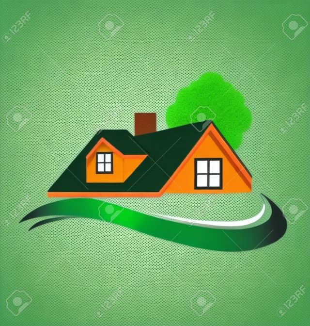 Lakások és házak adásvétele fa és zöld kert vector icon logo