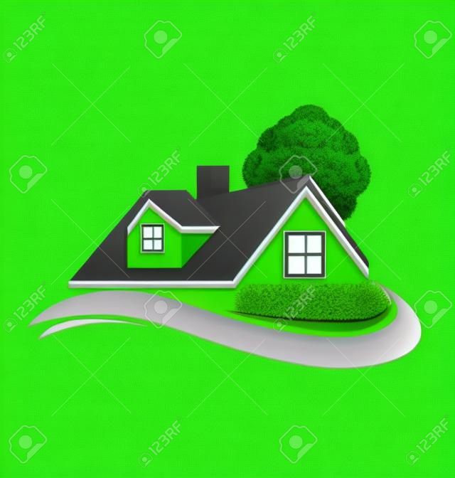 Casas apartamentos com árvore e jardim verde vetor ícone logotipo