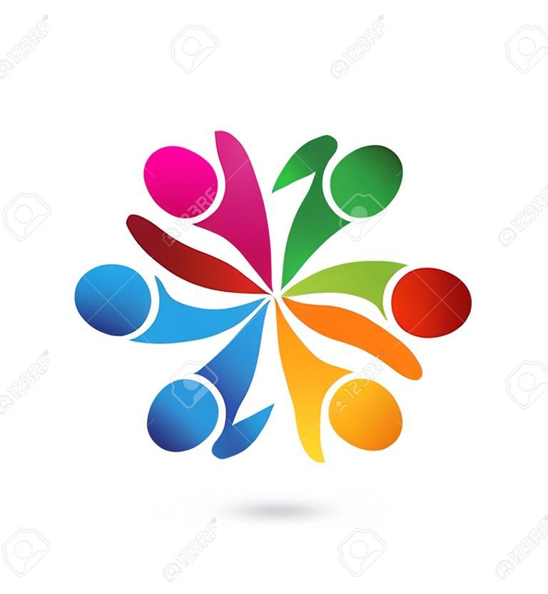 Concept of community unity, goals,solidarity , friendship - vector graphic. This logo template also represents colorful kids playing together holding hands in circles, union of workers, employees meeting