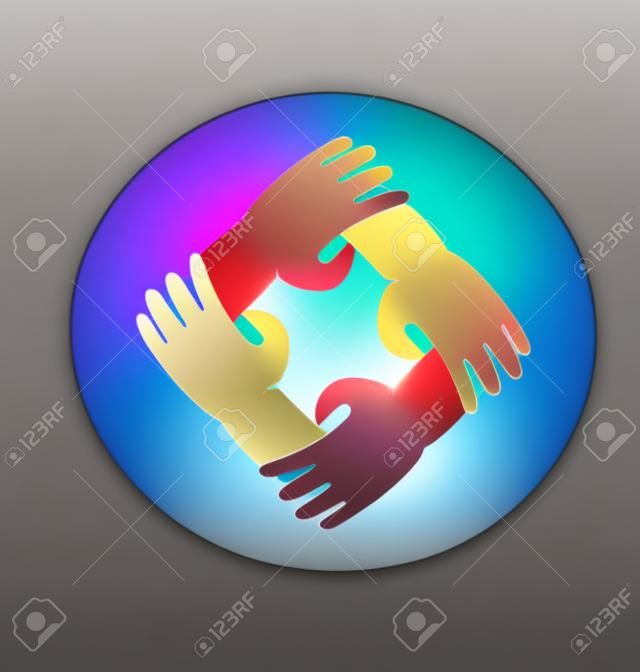 Teamwork four hands around colorful vector icon design logo