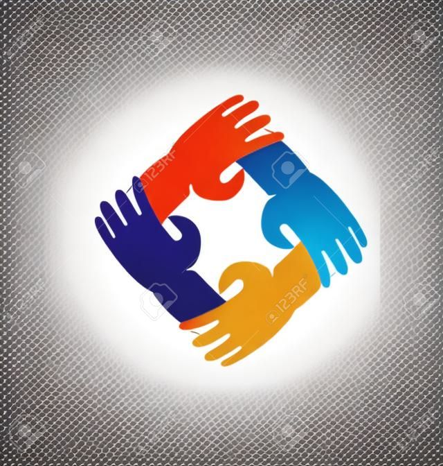 Teamwork vier handen rond kleurrijke vector pictogram ontwerp logo
