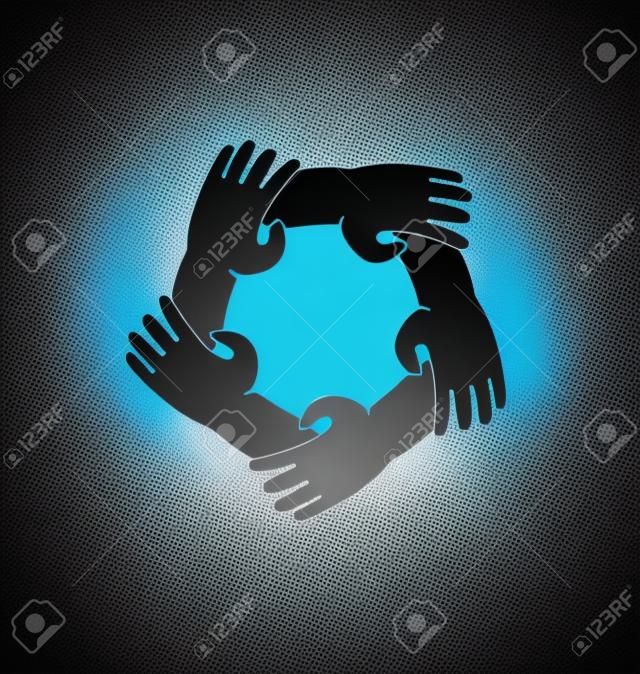Teamwork five hands around colorful vector logo