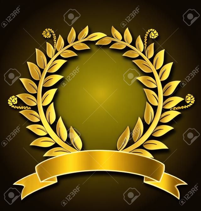 Laurel Award corona nastro d'oro. Può rappresentare la vittoria, la realizzazione, l'onore, la qualità dei prodotti, foca, etichetta, o il successo. foglie Swirly decorazione su sfondo nero.