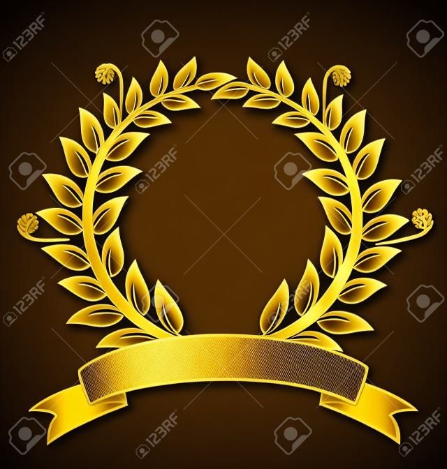 Gold laurel wreath award ribbon. Can represent victory, achievement, honor, quality product, seal, label,or success. Swirly leafs decoration on black background.