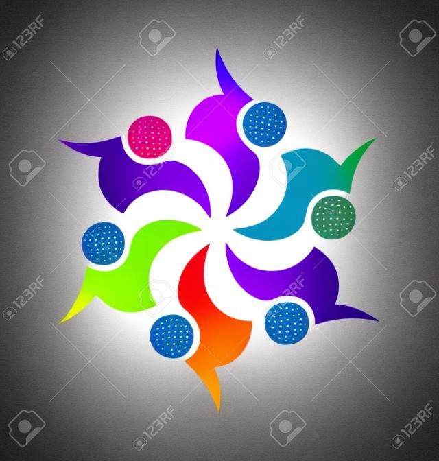 Teamwork Logo. Concept of community union goals solidarity partners children vector graphic. This logo template also represents colorful kids playing together holding hands in circles union of workers employees meeting