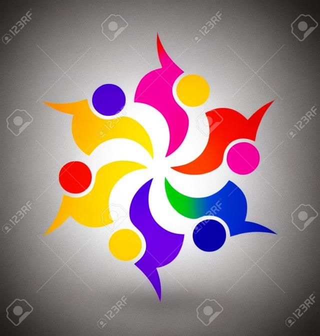 团队合作理念，社区团结目标，团结伙伴，儿童矢量图形，这个标志模板，也代表着五颜六色的孩子们一起玩耍，手拉手，工会，员工会议。