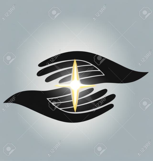 Обнадеживающие руки держат блеск руководство значок свет звезды дизайн векторный логотип