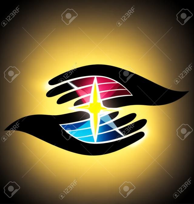 mani piene di speranza in possesso di una guida di luce risplenda stella vettore icona logo di progettazione