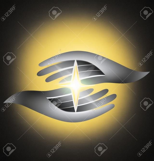 mani piene di speranza in possesso di una guida di luce risplenda stella vettore icona logo di progettazione