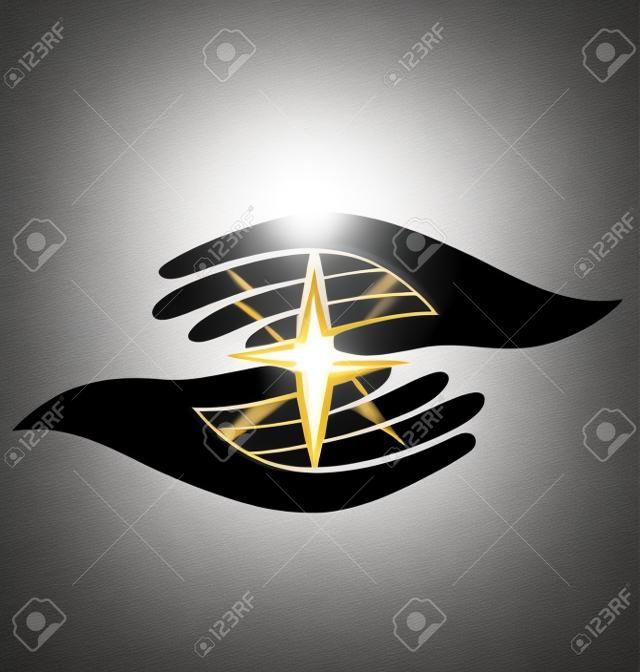 Mãos esperançosas segurando um brilho guia luz estrela ícone vector logo design