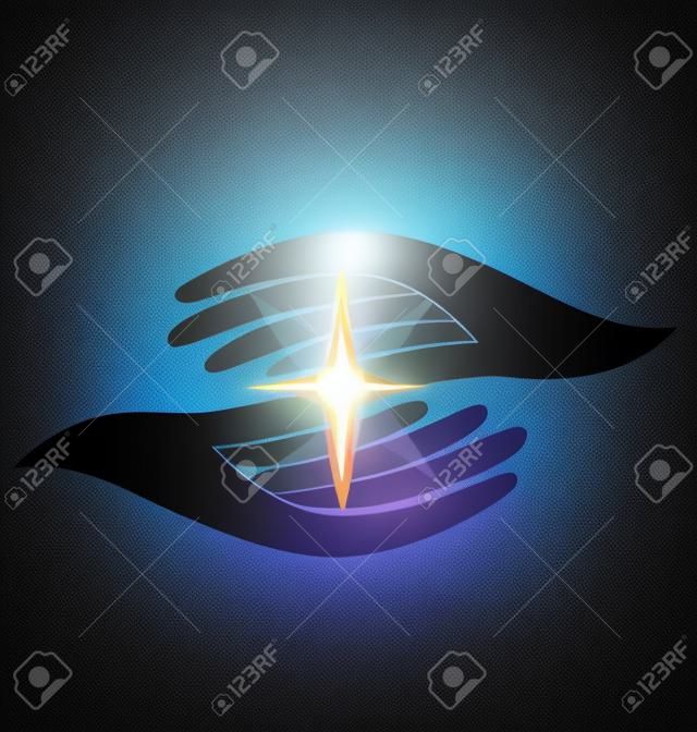 Mãos esperançosas segurando um brilho guia luz estrela ícone vector logo design