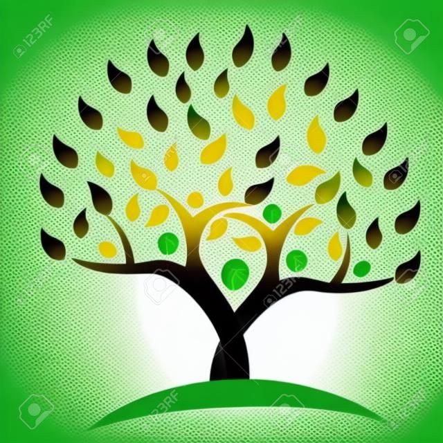Fa család emberek zöld levelek. Ecology logo koncepció ikon vektor tervezés