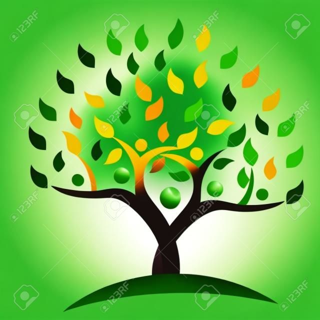 Ağaç aile insanlar yeşil yapraklar. Ekoloji logo kavramı simge vektör tasarımı
