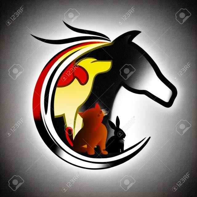 Logotipo vector cavalo, cão, gato e coelho silhuetas brilhantes