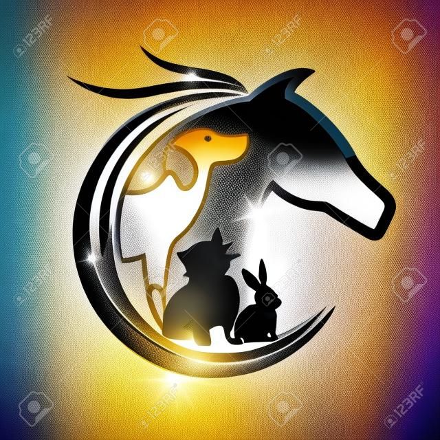 Logo vecteur de cheval, chien, chat et silhouettes d'étincelles de lapin